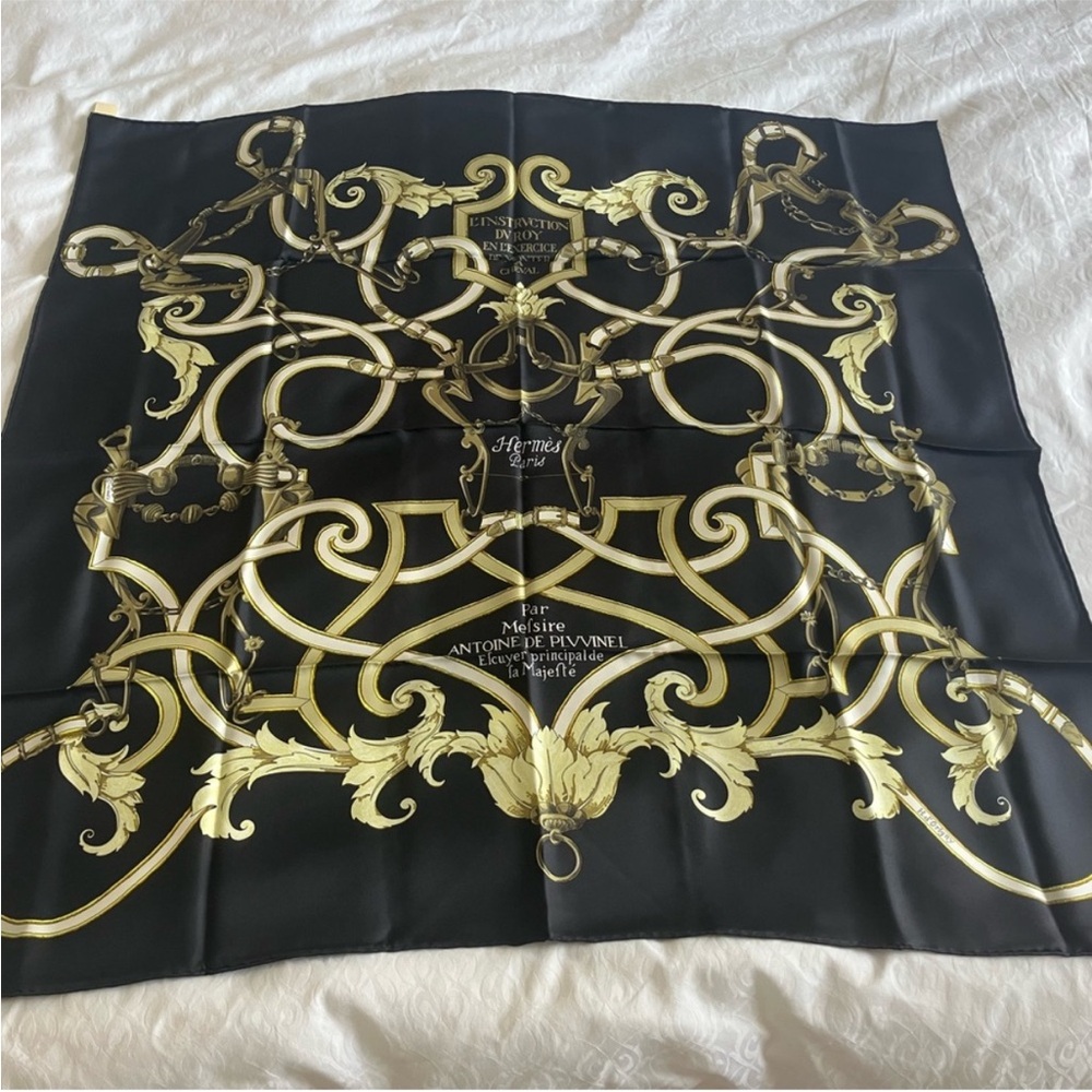 Hermès Black & Gold Silk Scarf - Equine Chain Motif